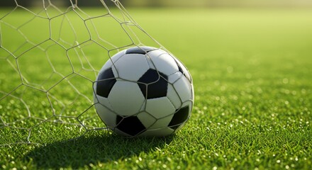 Fototapeta premium Soccer Ball Hit Goal Net on Green Grass Field