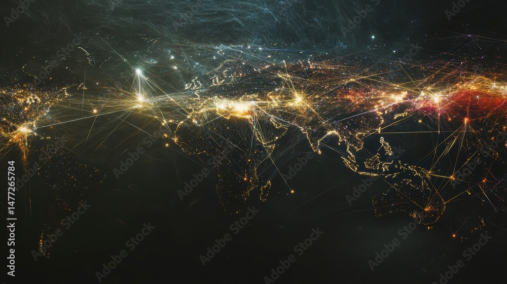 Fototapete Global network connections visualized on a world map with glowing lines representing data flow and communication.