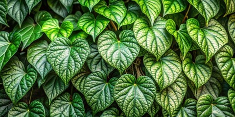 Fototapeta premium Dense foliage of Tiliacora triandra leaves on a vine, with intricate veination and a mix of light and dark green hues, greenery, Tiliacora triandra leaves