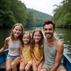 Fototapeta premium Parents and Children Enjoying Nature from a Boat