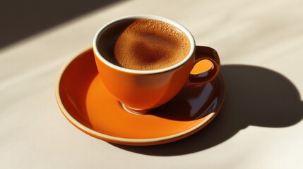 A rich espresso in an orange ceramic cup.