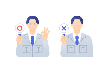 作業員が○×札を持つ。作業服を着た男性のベクターイラスト素材2点セット。