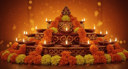 Obraz premium Burning Oil Lamps with Garland Decoration Celebration Theme