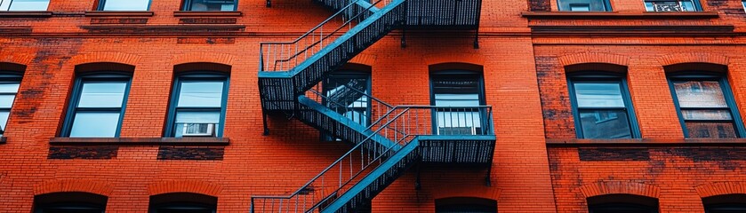 A striking view of fire escapes zigzagging down a classic brick building, showcasing urban architecture and safety features.