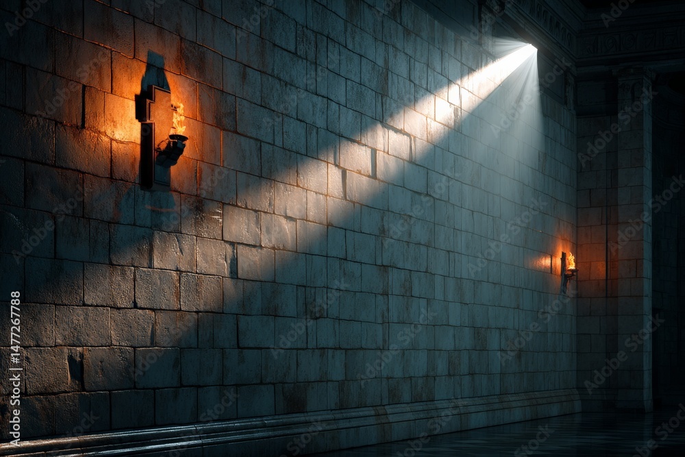 Aufkleber light beams through stone walls in a dimly lit corridor with wall sconces illuminating the ancient a