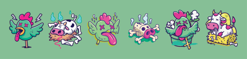 Dead fish with weapons in graffiti cartoon vector illustration perfect for sticker packs, seafood satire merch, or culinary dark comedy collections