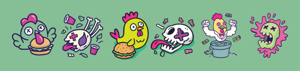 Obraz premium Graffiti-style fast food chicken and burger characters in absurd 90s cartoon vector illustration perfect for rebellious sticker packs and alt branding