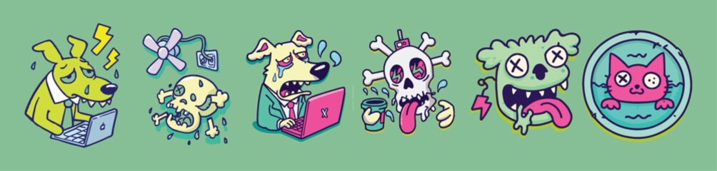 Absurd dog and monster office characters with deadpan humor in graffiti 90s cartoon vector illustration perfect for sticker packs and parody merch