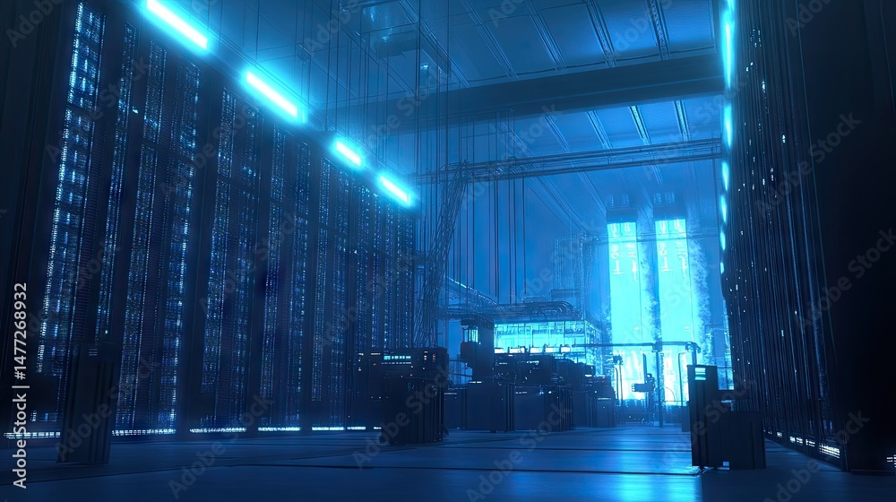 Poster a modern data center featuring rows of illuminated server racks. showcasing advanced technology and 