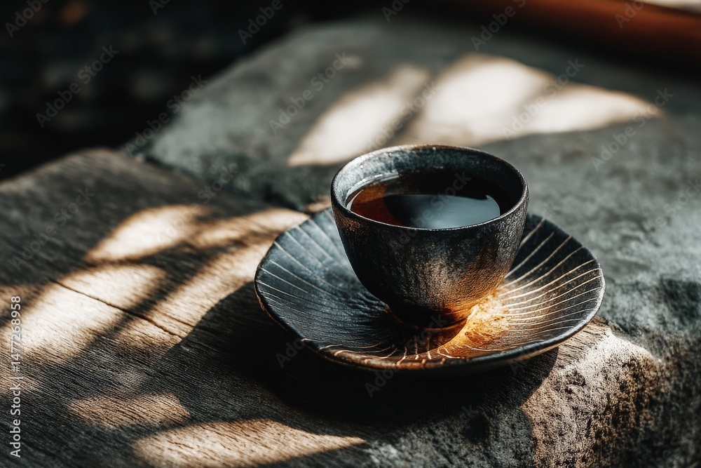 Poster dark ceramic cup of coffee on a textured wooden surface with soft natural light filtering through le