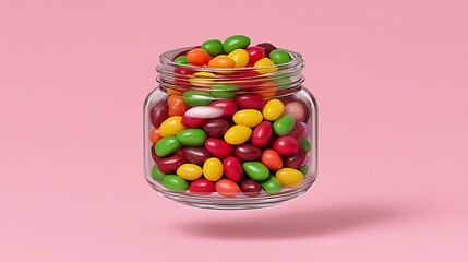Colorful Candies in Glass Jar with Pink Background.