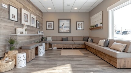 Modern waiting room with L-shaped sofa, wooden accents, and framed pet photos.