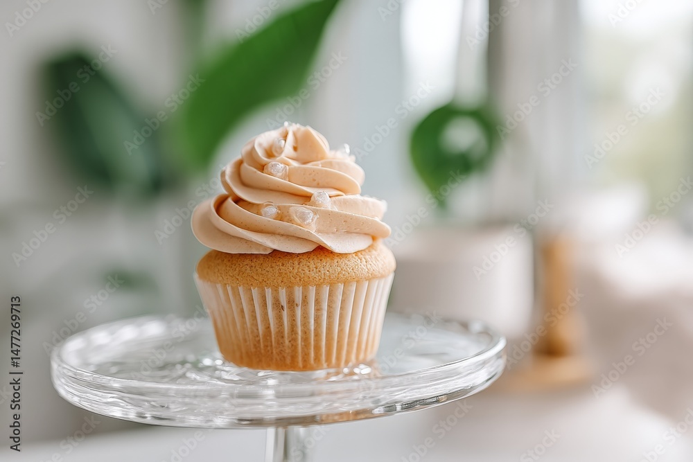 Aufkleber delicious vanilla cupcake topped with creamy frosting displayed on a glass stand in a bright cafe se