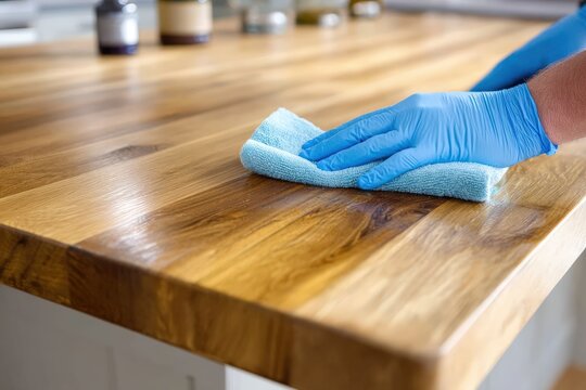 A person wearing blue gloves cleans a wooden surface with a microfiber cloth, focusing on cleanliness and maintenance, sustainable building materials