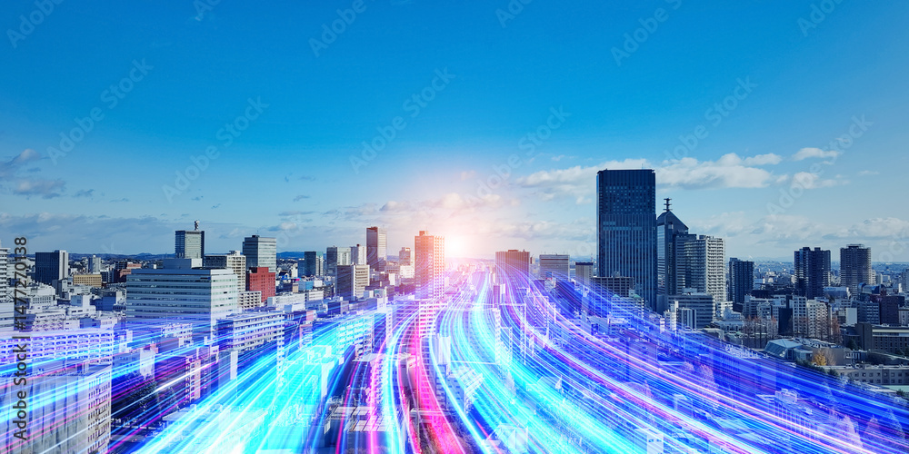 Poster a light path to the future running through modern cities. wide angle visual for banners or advertise