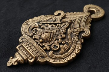 Intricate brass ornament showcasing ornate carving in traditional style with eye motif and detailed floral patterns