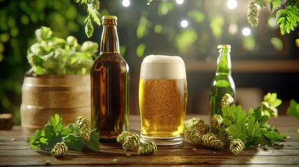 Golden craft beer with hops and barley props, ideal for beverage branding