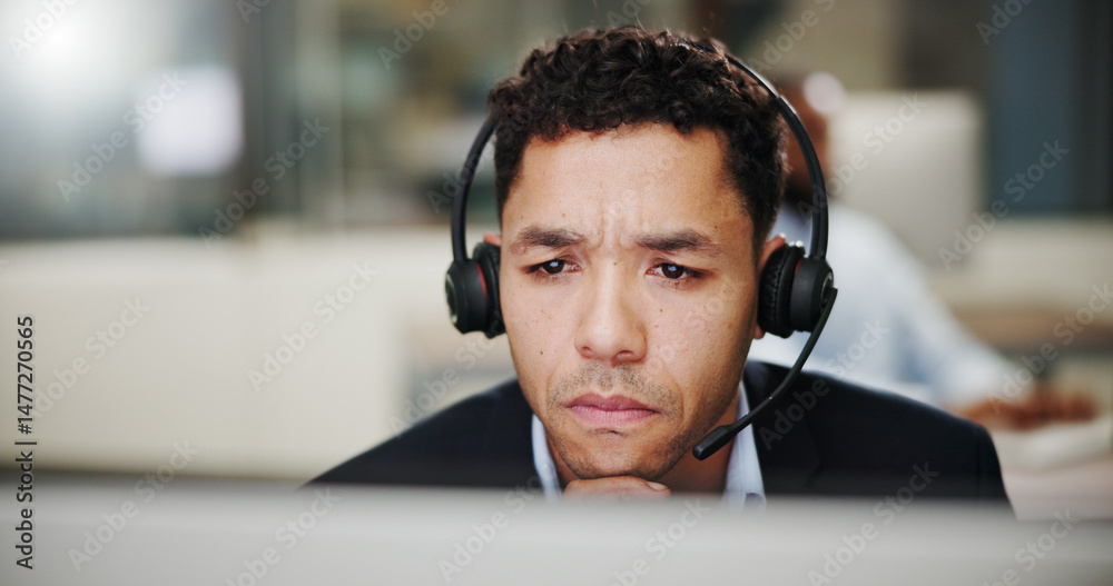 Poster Man, confused and call center by computer in office, communication or telecom doubt with thinking. Contact us, customer service and help desk questions, ponder or wonder with male agent frowning