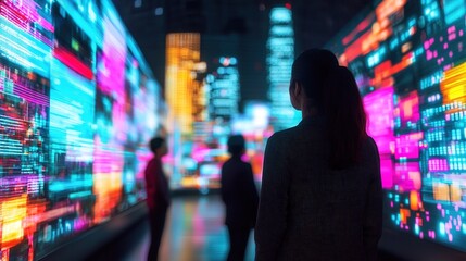 Futuristic social media visualization urban city holographic display nighttime perspective digital interaction