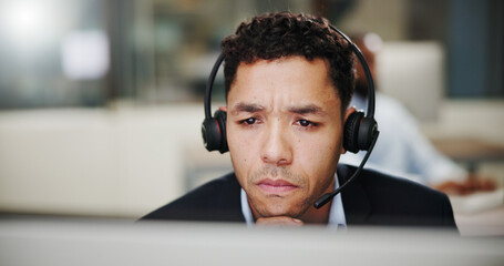 Man, confused and call center by computer in office, communication or telecom doubt with thinking....