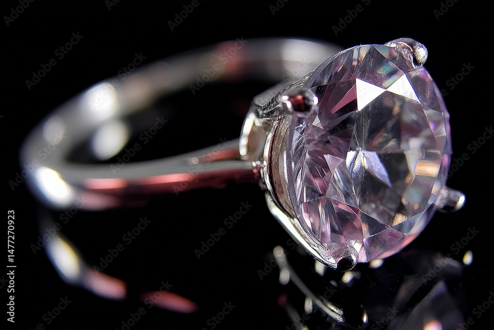Poster shimmering pink gemstone ring with a sleek silver band on a dark reflective surface creating an eleg