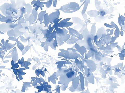 Seamless pattern of indigo blue peonies and wild flowers painted in watercolor. A floral wallpaper pattern in watercolor. A botanical pattern painted in watercolor for wedding invitations, stationary.