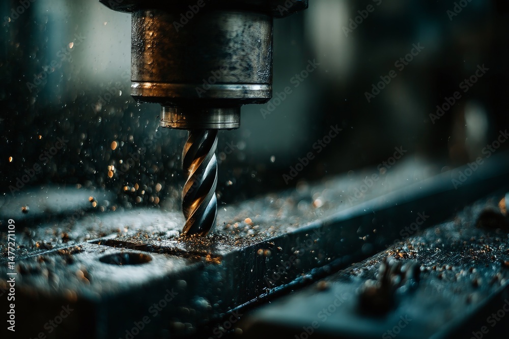 Poster precision milling process in a workshop with metal shavings flying around
