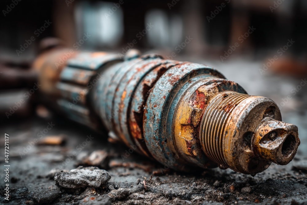 Poster rusty mechanical part lying on the ground in an abandoned industrial area during dusk