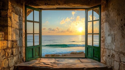 Golden sky and calm waves through bright window, perfect coastal moment
