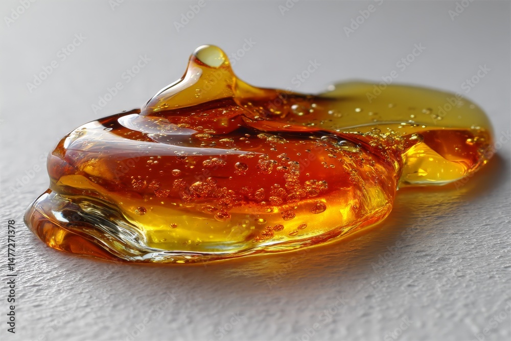 Poster bright amber resin oozing on a smooth surface with visible air bubbles and rich golden hues during d