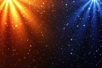 Dual-toned light beams radiating from a dark background, filled with glittering particles.  Orange/gold and blue light rays diverge, creating a spectacular effect