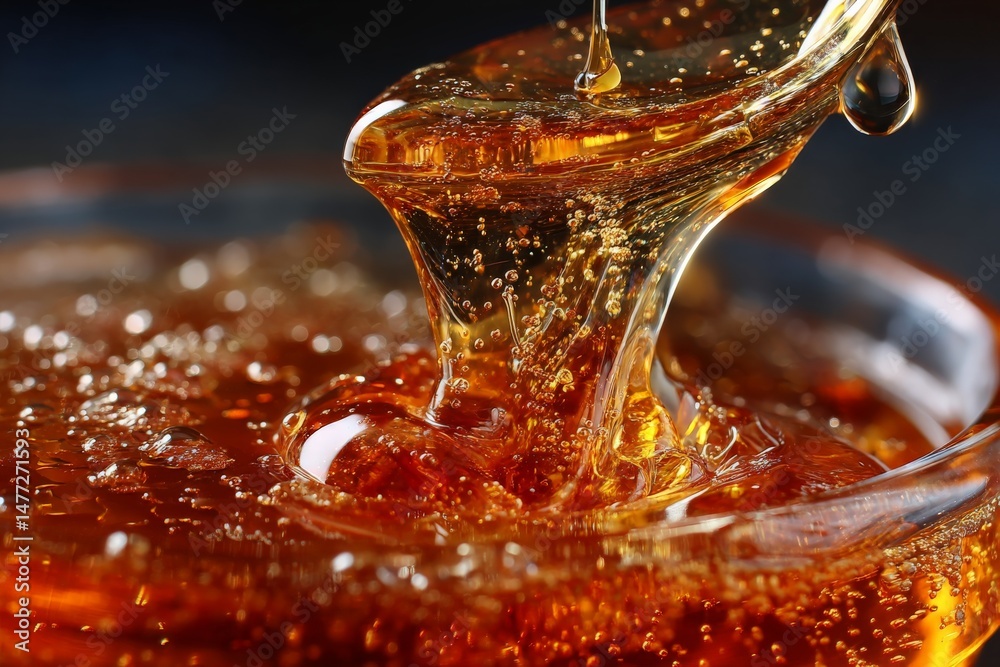 Aufkleber Golden syrup drips from a spoon into a clear container creating enticing bubbles and reflections in the process