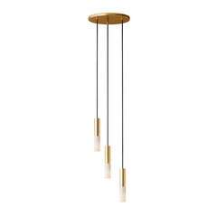 A gold colored three light hanging from the ceiling