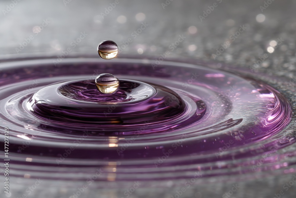 Poster water droplets create mesmerizing ripples in a purple liquid surface during a calm moment in a labor