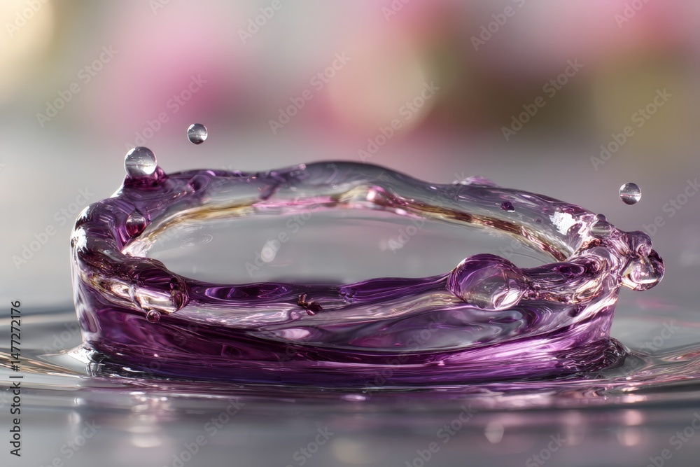 Poster close-up of a vibrant purple water splash creating droplets in a tranquil setting during daylight ho