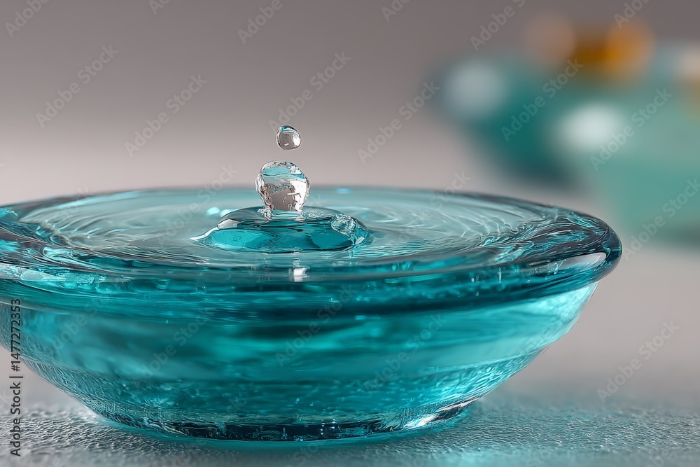Aufkleber water droplet creates ripples in a turquoise glass dish with blurred background at a calm studio set