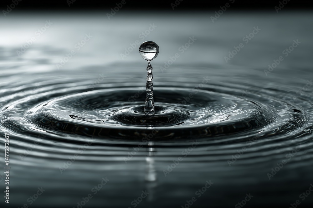 Poster water droplet creates ripples on calm surface in serene setting