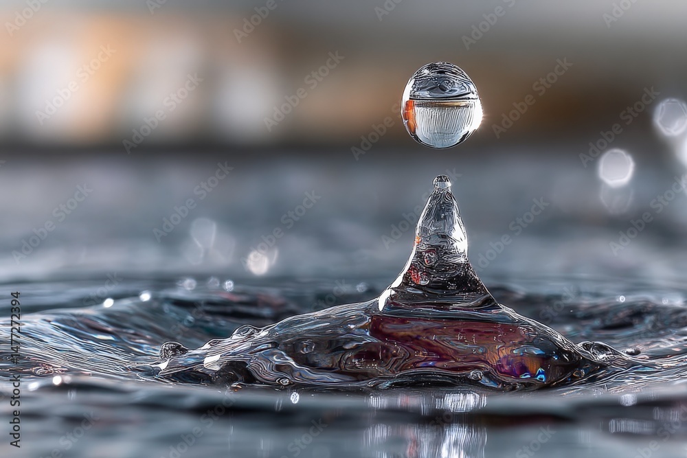 Poster water droplet creates a splash in a serene environment with rippling waves