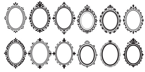 Collection of Vintage Hand Mirrors Silhouettes,  Ornate Frames Silhouettes, Ornate Oval Frames Vintage Style mirrors