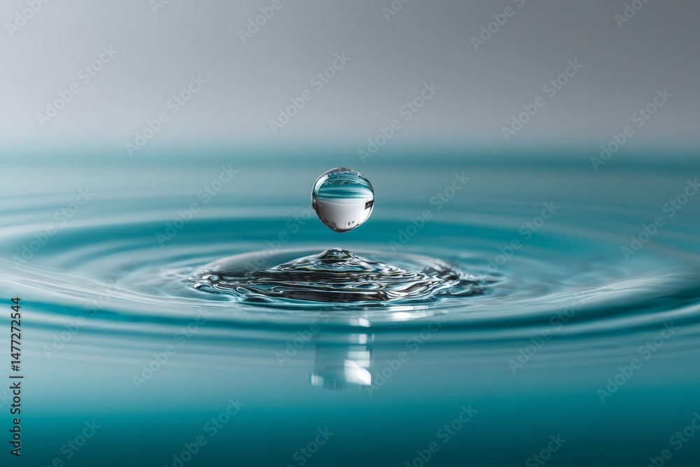 Poster water droplet creates ripples on a calm surface reflecting light in a serene indoor setting