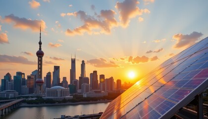 Obraz premium Sunrise over solar panels and city skyline urban landscape scenic viewpoint renewable energy