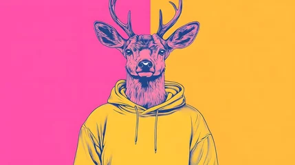  Stylized deer in a yellow hoodie against a vibrant pink and orange background © pkproject