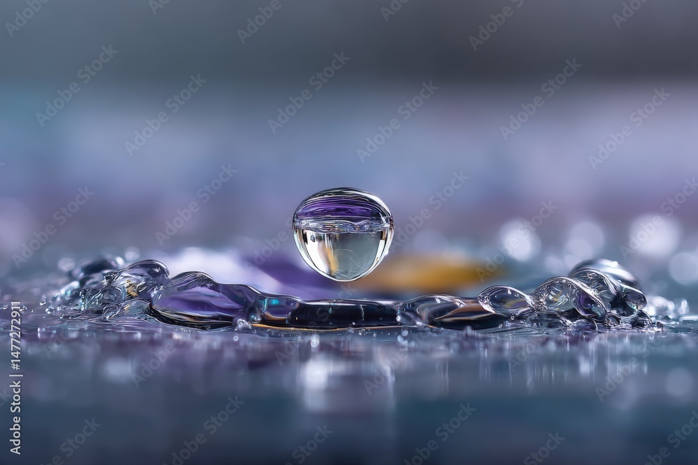 Poster captivating water droplet creates ripples on surface with vibrant reflections in soft lighting