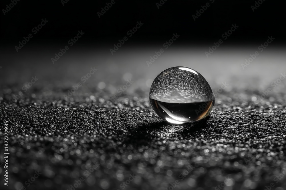 Poster water droplet resting on textured surface in black and white setting, highlighting light reflections