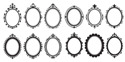 Collection of Vintage Hand Mirrors Silhouettes,  Ornate Frames Silhouettes, Ornate Oval Frames Vintage Style mirrors