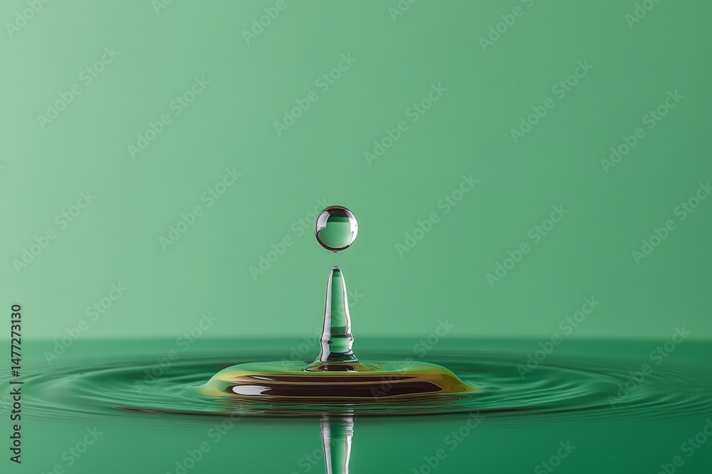 Poster capturing the moment of a water droplet forming above a reflective surface with a green background