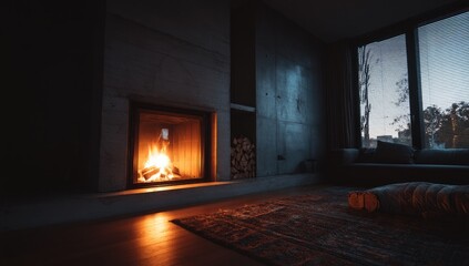 A Cozy Evening Fireplace Glow and Peaceful Interior with a Hint of Nature.