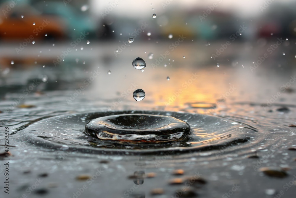 Aufkleber rain droplets create ripples on a reflective puddle during sunset in an urban setting, showcasing na