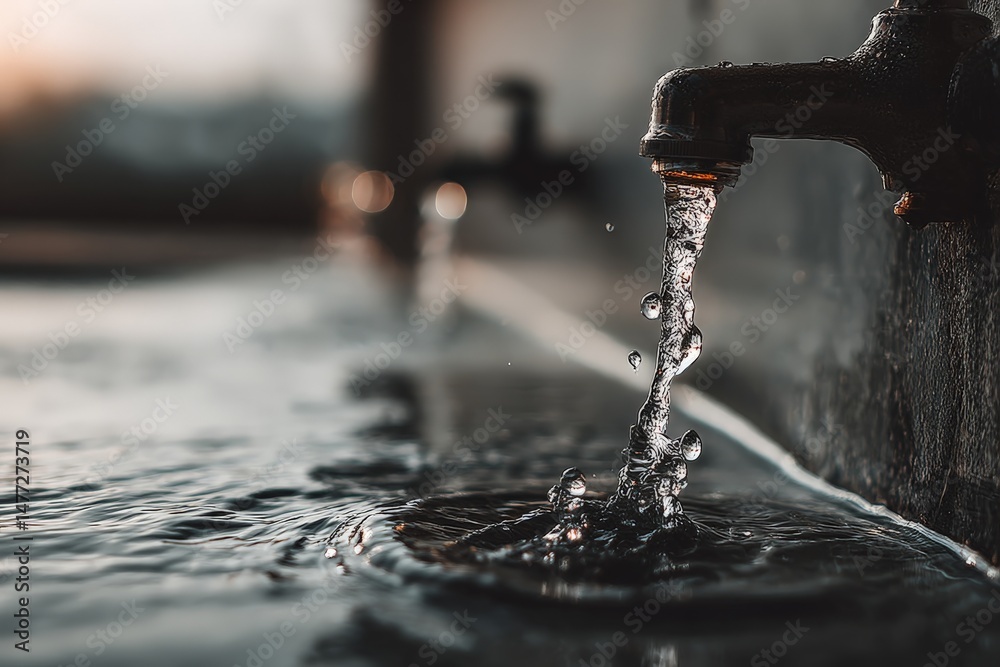 Leinwandbilder water flows from a faucet into a basin at sunset, creating ripples in a serene setting