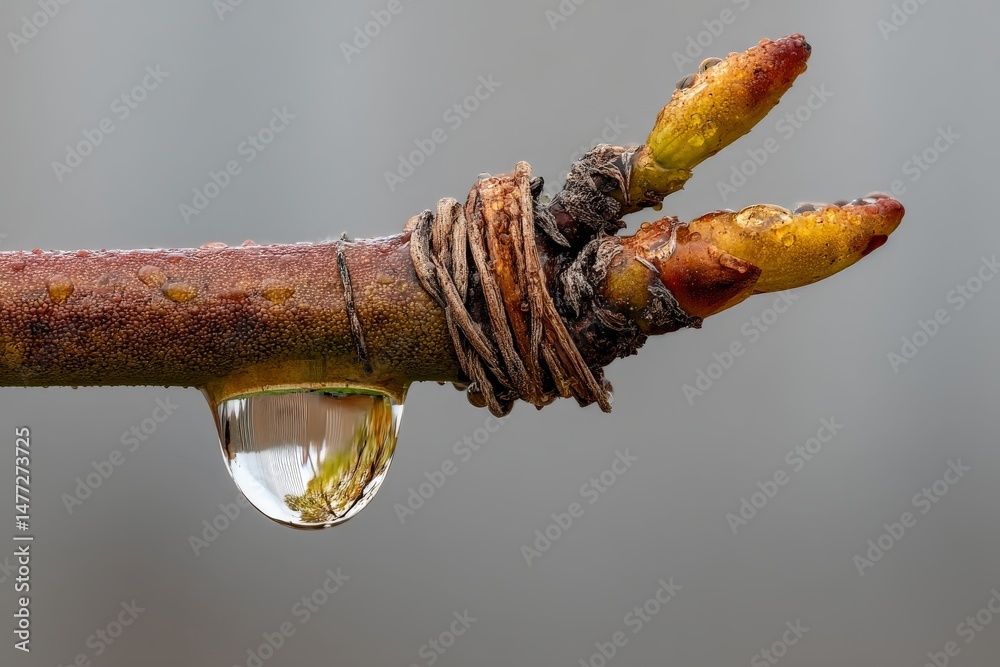 Aufkleber close-up view of bud on branch with water droplet capturing reflection during early morning hours